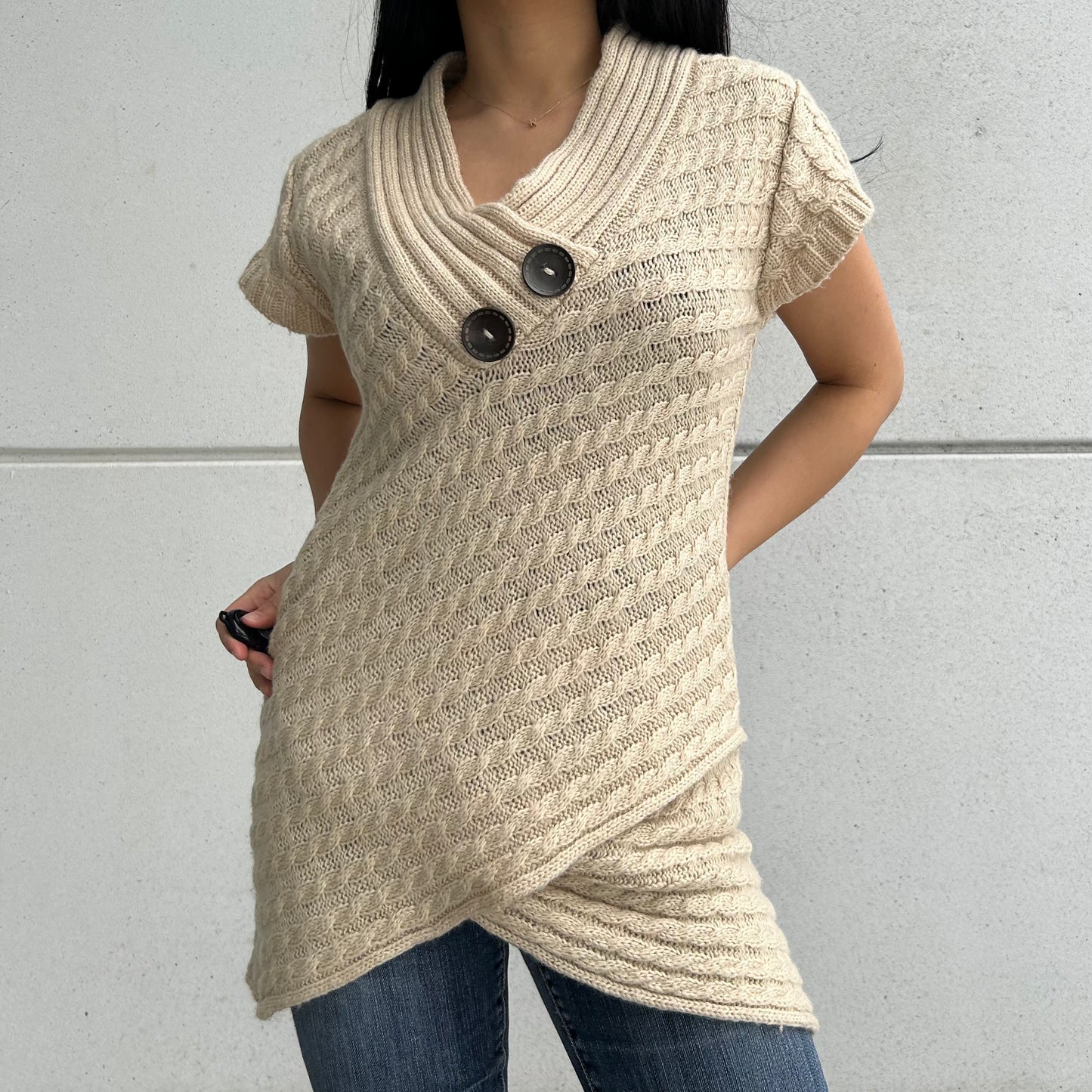 Cream Mohair Blend Cable Knit Short Sleeve Tunic Sweater - Medium