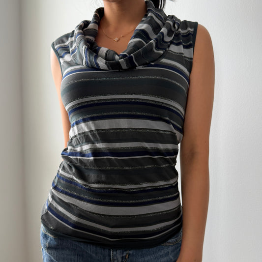 Sisley Grey Striped Cowl Neck Cap Sleeve Top - Small