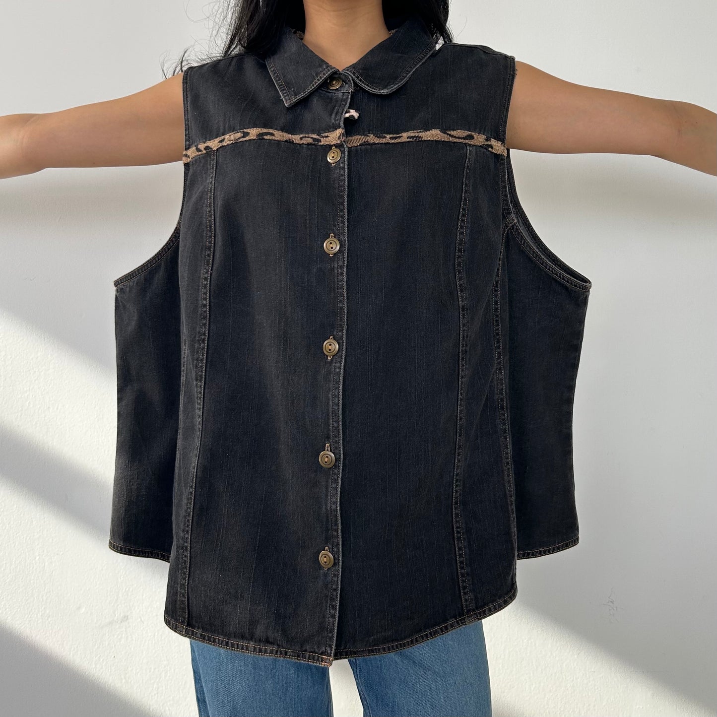 Black Denim Leopard Trim Button-Up Vest - 3X