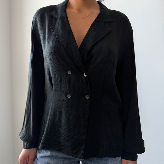 1980s Christian Dior Separates Black Double Breasted Silk Blouse - Large