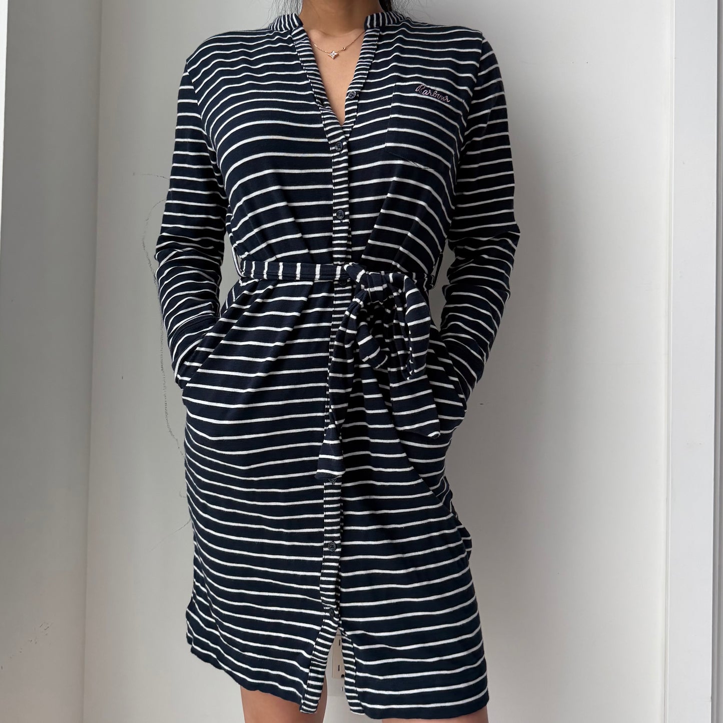 Barbour Navy Striped Belted Shirt Dress - Small