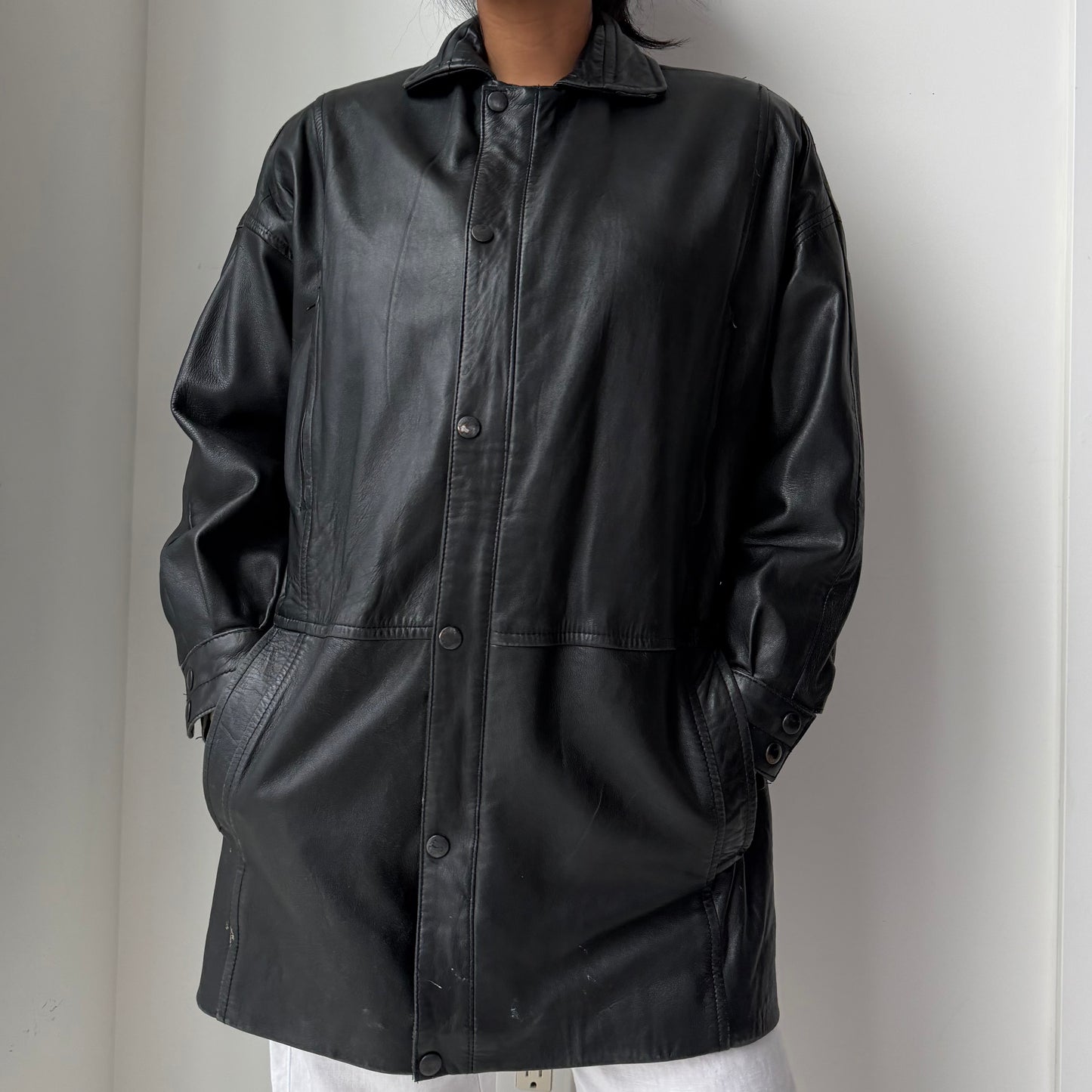 Oversized Black Leather Jacket - Small