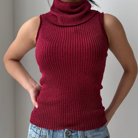 1990s Jacob Burgundy Metallic Ribbed Turtleneck Tank Top - Medium