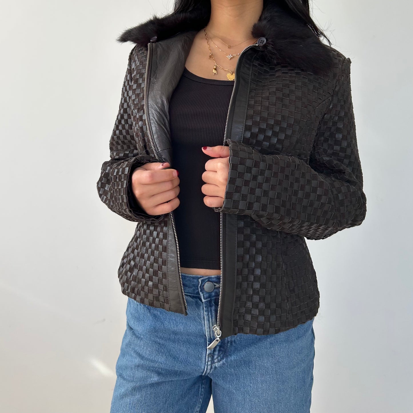 Dark Brown Woven Leather Jacket with Rabbit Fur Collar - Medium