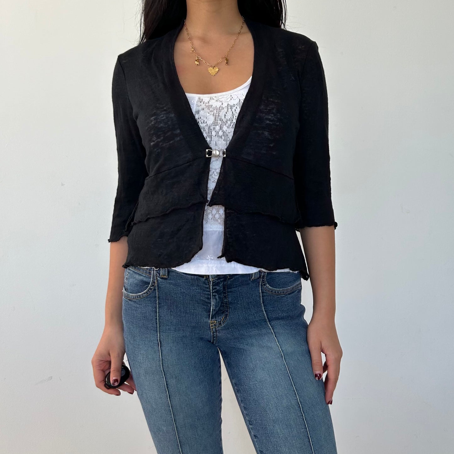 Black V-Neck 3/4 Sleeve Linen Cardigan - X-Small-Medium