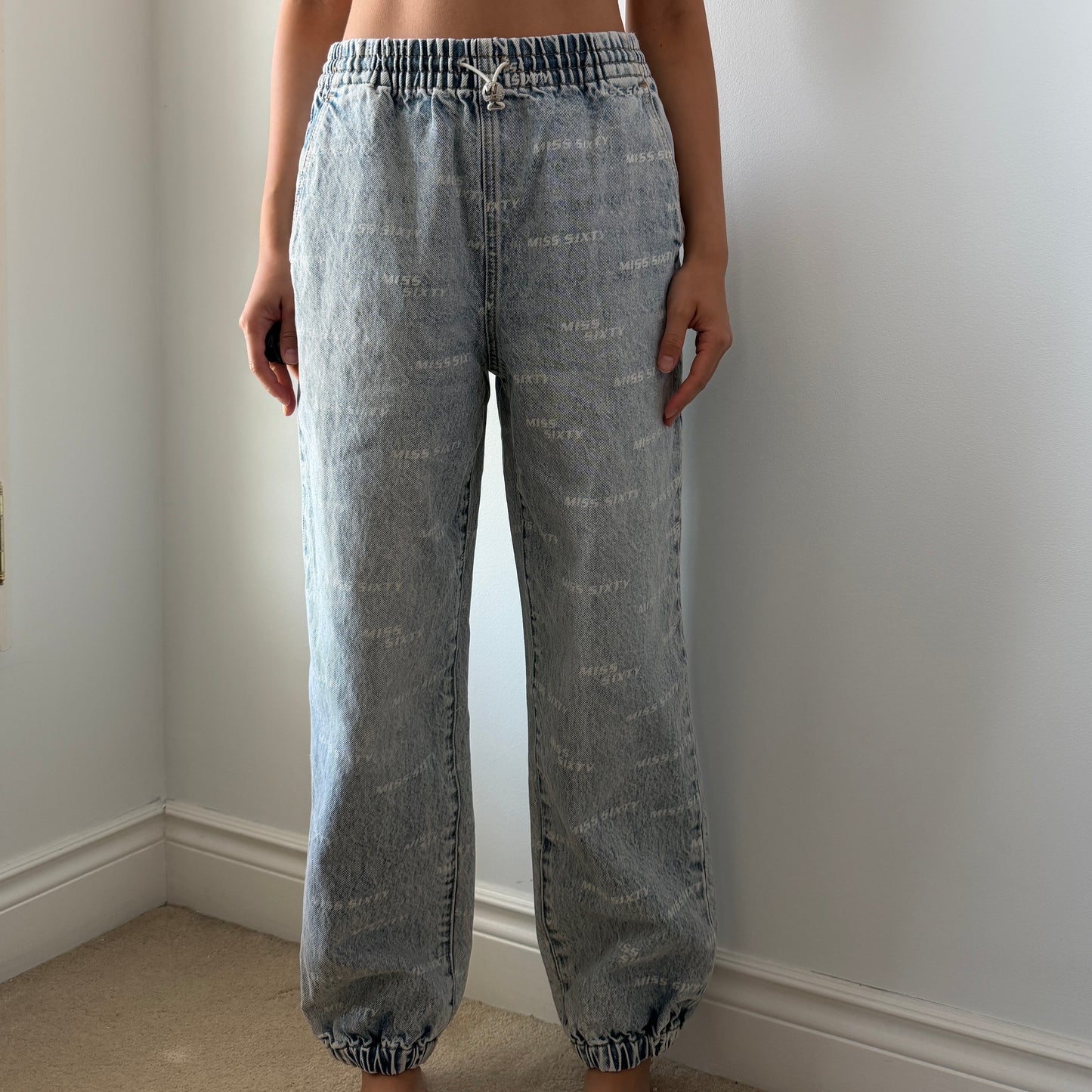 Miss Sixty Blue and White Logo Print Jogger Jeans - X-Small