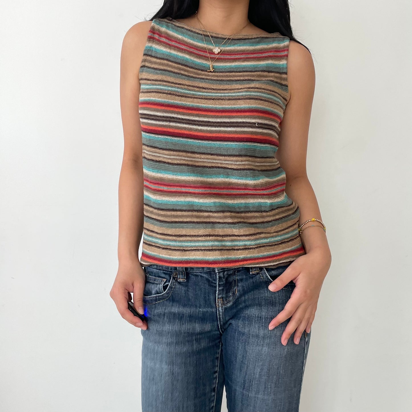 Vintage 1990s Lauren Ralph Lauren Petite Linen Silk Blend Striped Sleeveless Knit - Medium