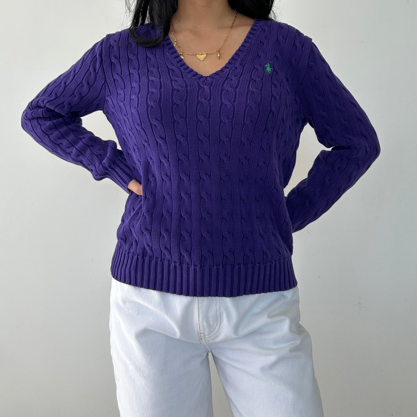 Ralph Lauren Sport Purple V-Neck Cable Knit Jumper - X-Large