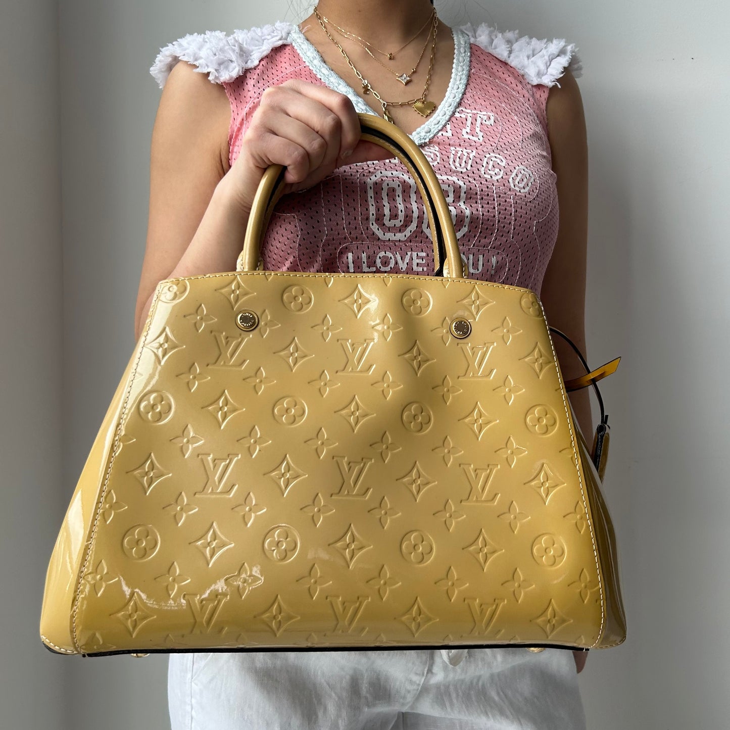 2014 Louis Vuitton Patent Yellow Monogram Vernis Montaigne MM
