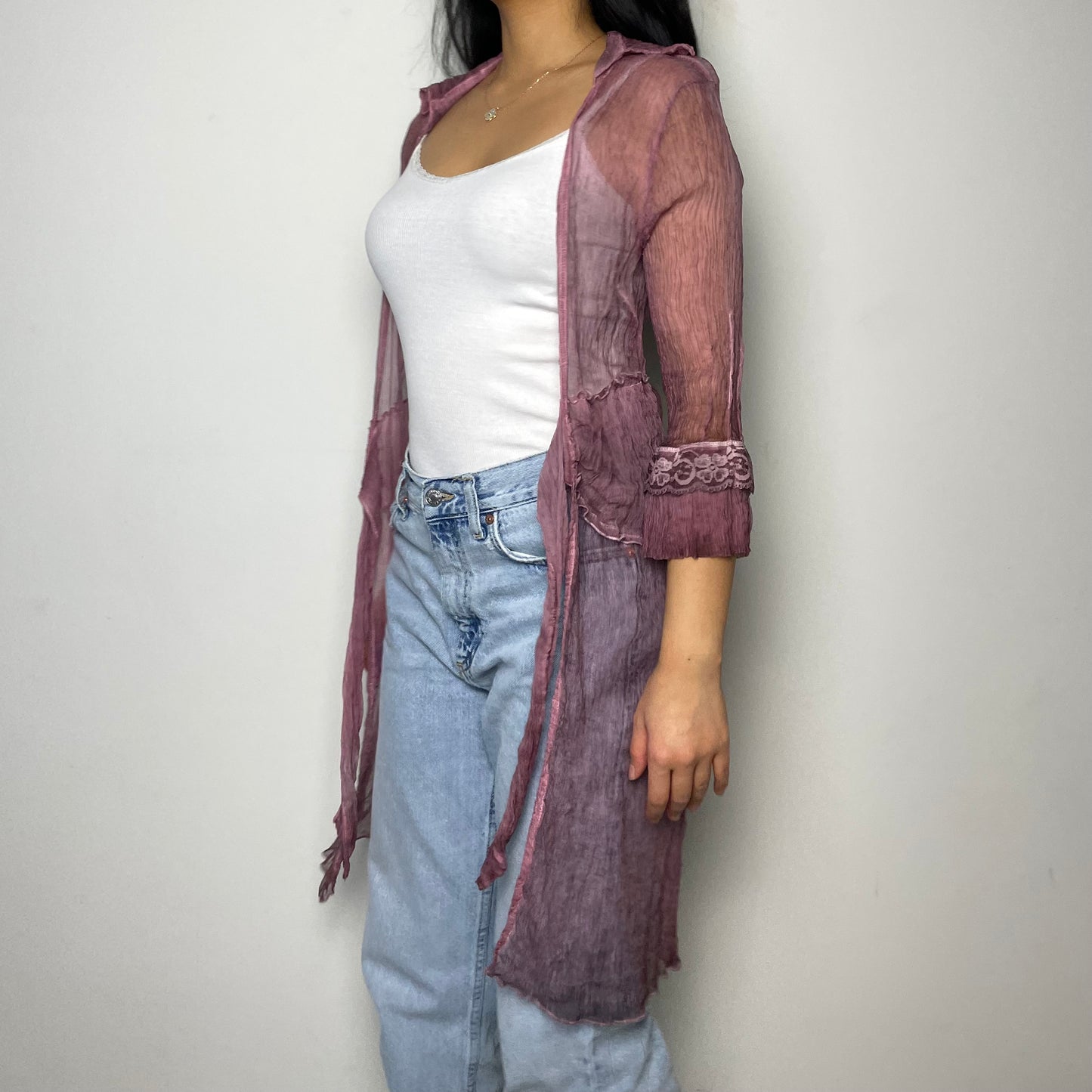 Sheer Silky Mauve Pink Long Tie Front Cardigan - Small