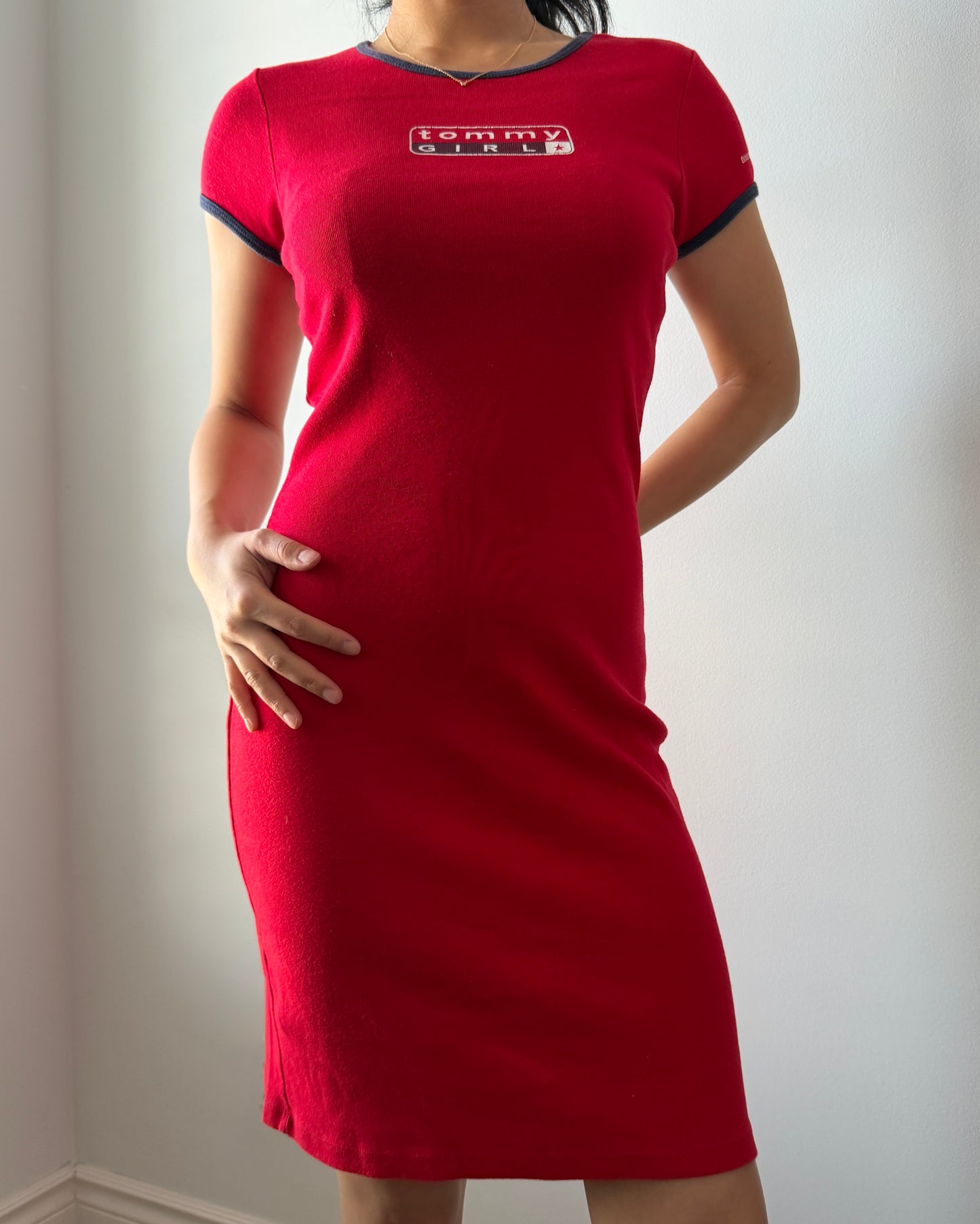 90s Made in USA Tommy Jeans Red Ringer T-Shirt Dress - Small
