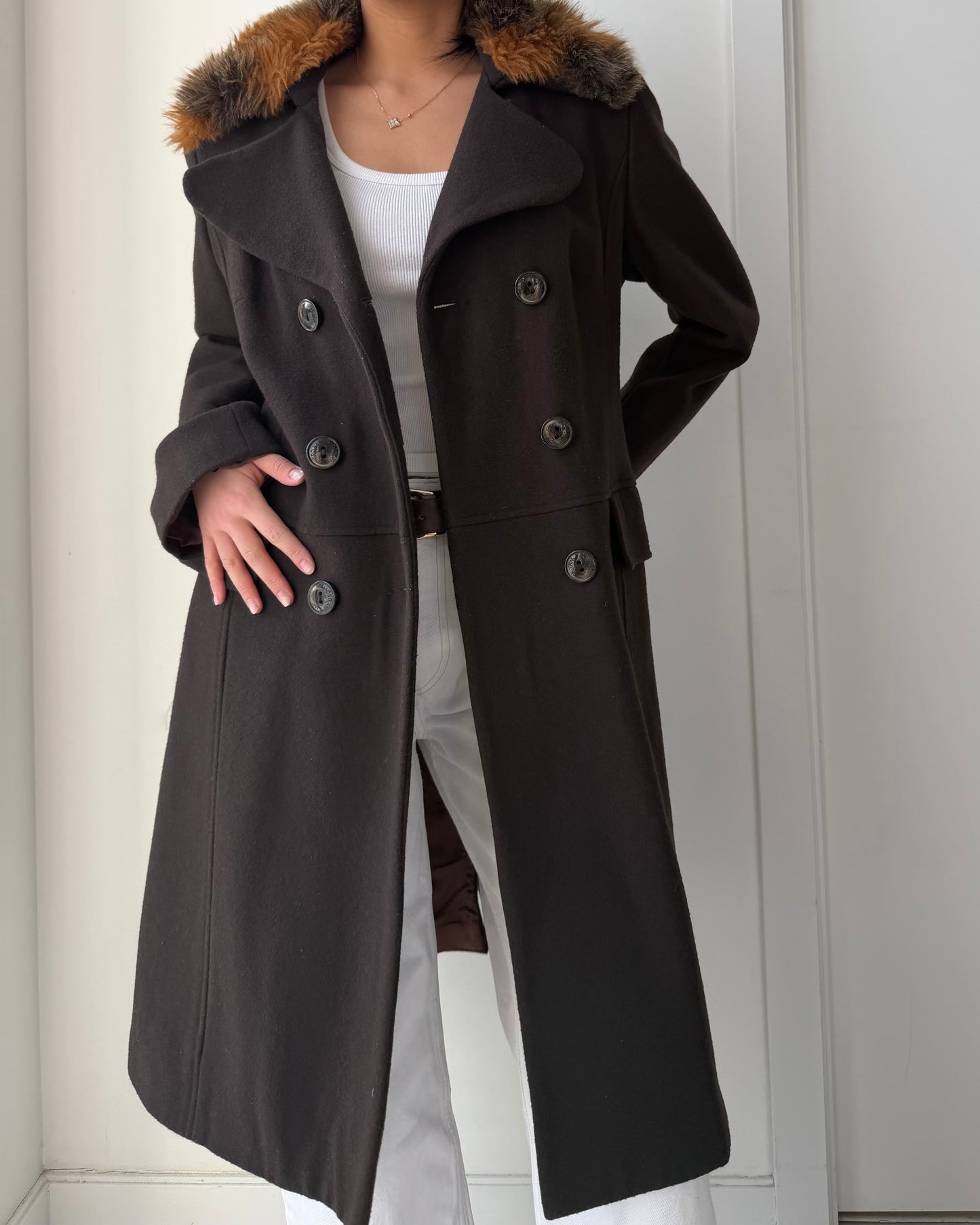 Morgan de Toi Brown Double Breasted Wool Coat with Faux Fur Trim - Medium