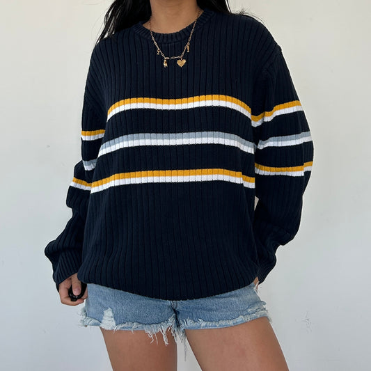 Vintage Chaps by Ralph Lauren Navy Ribbed Crewneck Knit Jumper - Large