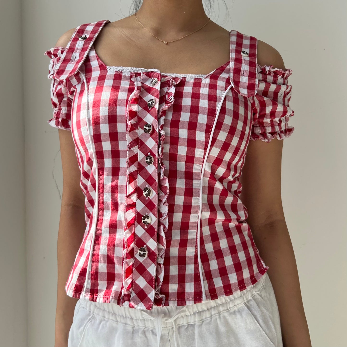 Spieth & Wensky Red Gingham Cold Shoulder Short Sleeve Blouse - X-Small