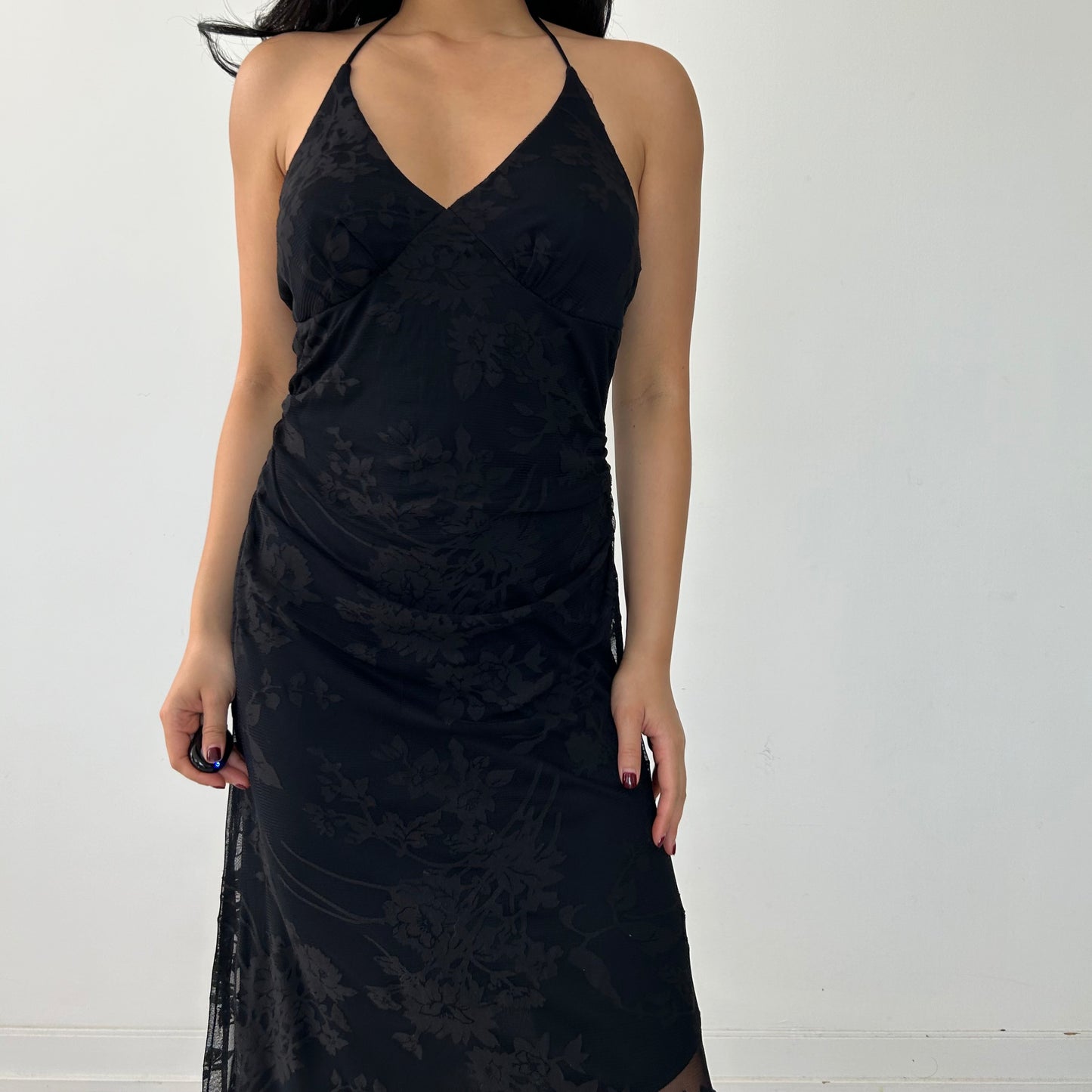 Vintage Deadstock Le Château Asymmetrical Hem Black Halter Lace Dress - Medium