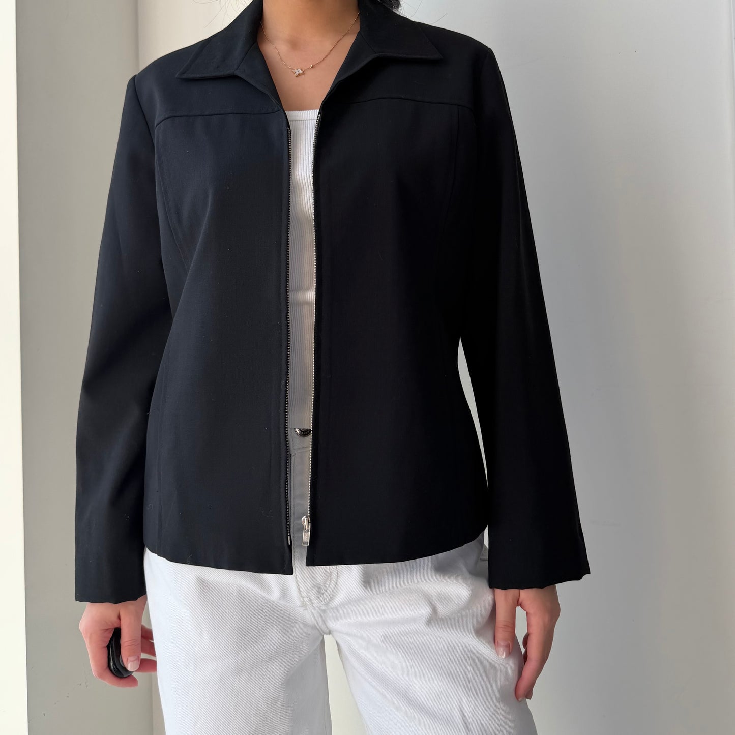 1990s Made in Canada Club Monaco Black Wool Zip Jacket - Medium