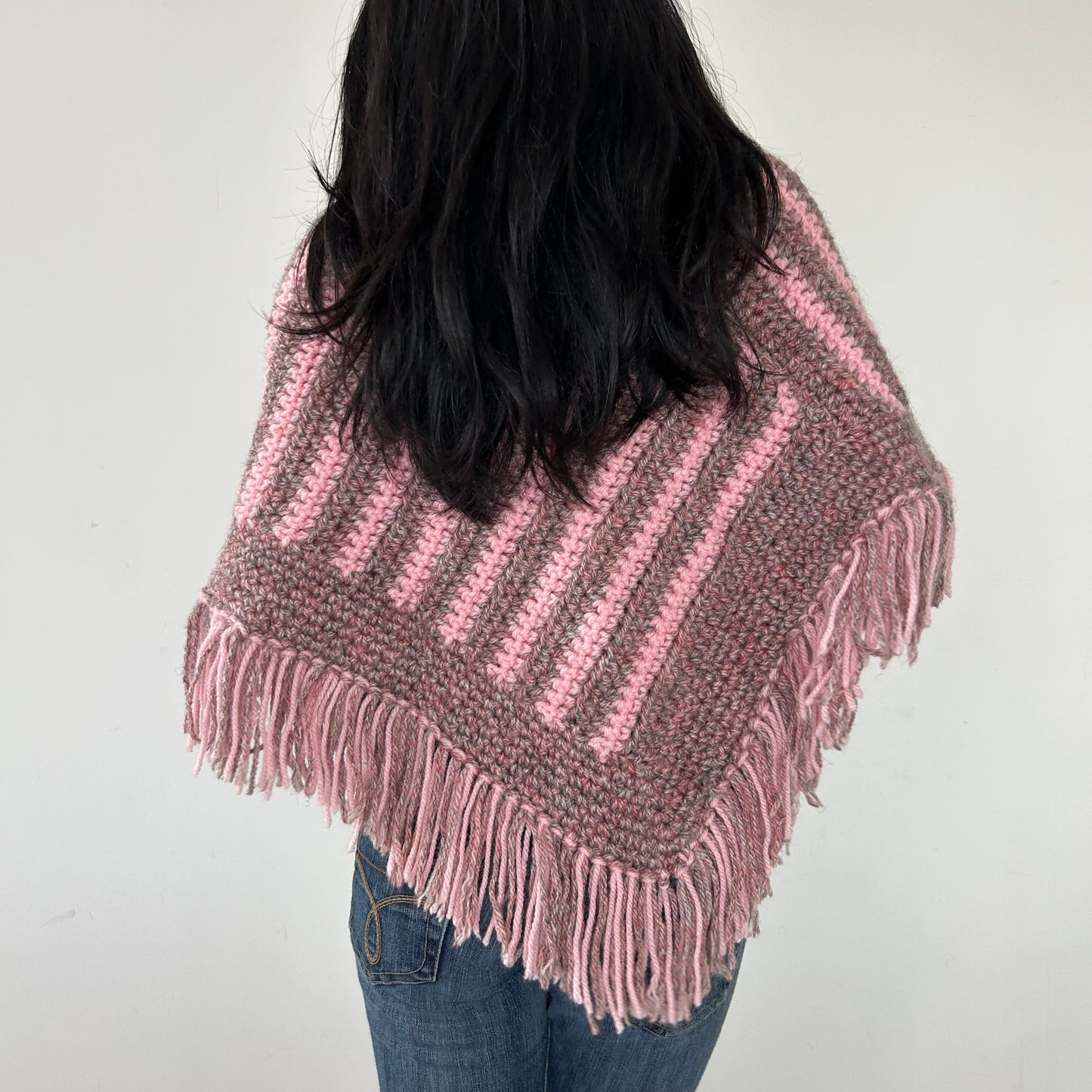 Pink Chunky Knit Striped Poncho with Fringe