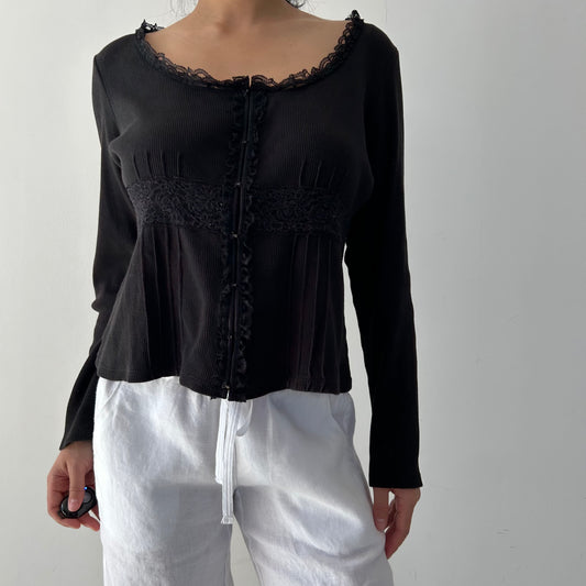 Black Long Sleeve Lace Trim Corset Style Top - Large