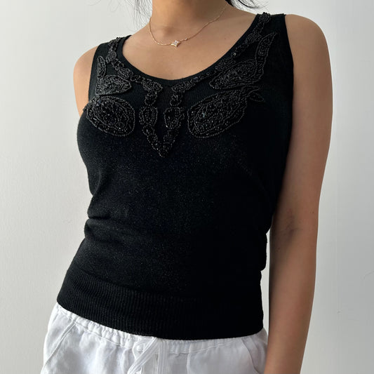 Le Château Black Beaded Sleeveless Knit Top - X-Small