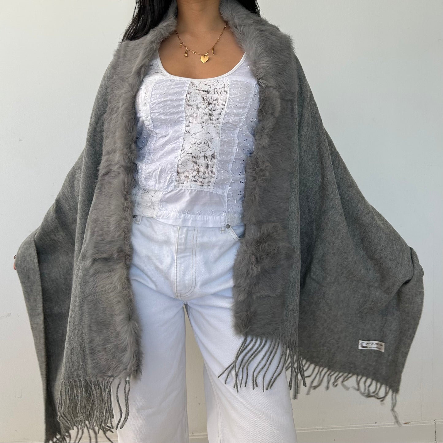 Grey Rabbit Fur Trimmed Cashmere Wrap