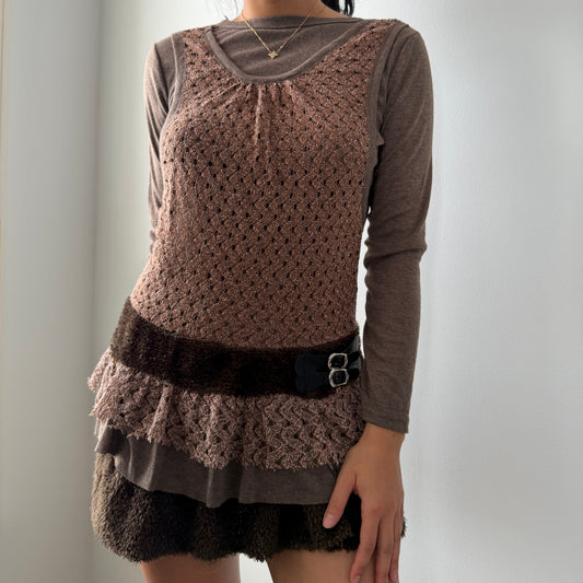 Brown Layered Knit Long Sleeve Mini Dress - Small