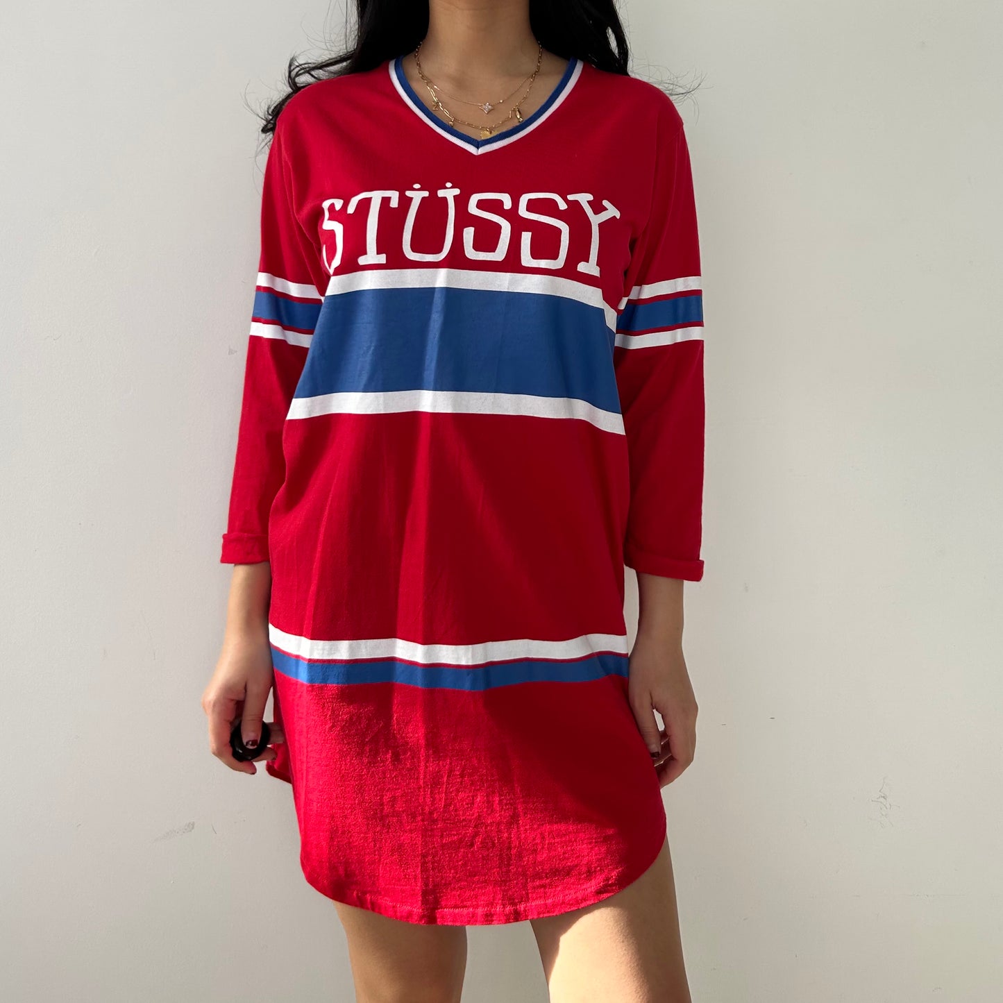 Stüssy Red and Blue Striped Logo T-Shirt Dress -  Small