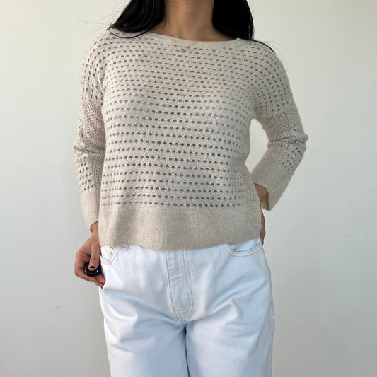 White + Warren Cream Open Knit Cashmere Jumper - Small