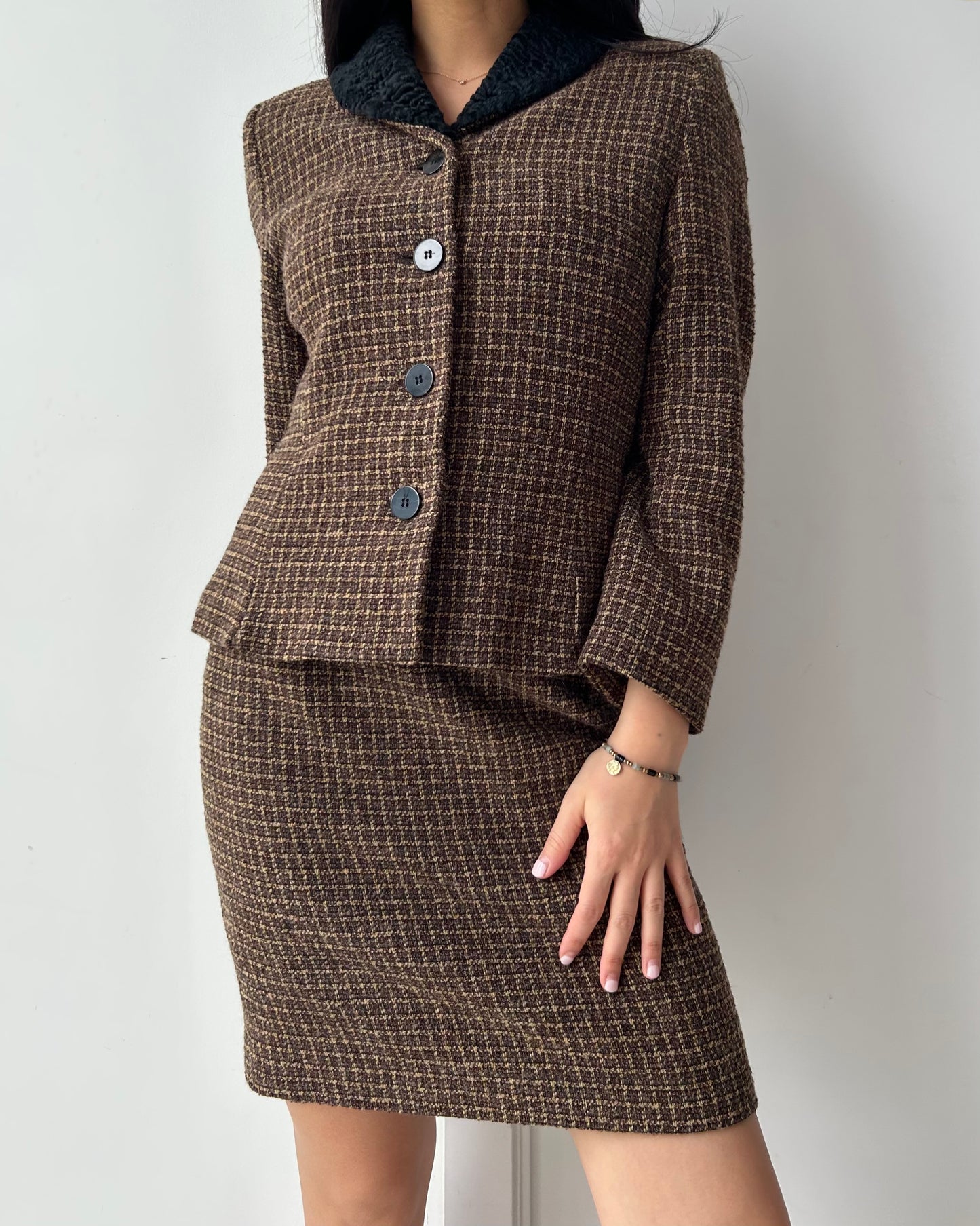 1980s Made in Canada Wool Skirt Suit in Brown Tweed - Small