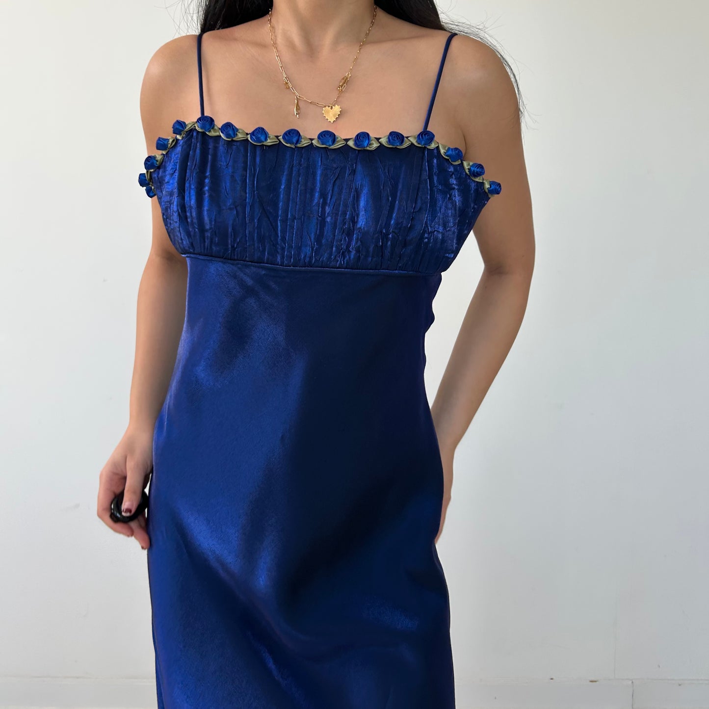 Vintage 90s Made in USA Royal Blue Satin Gown with Rose Trim - Medium