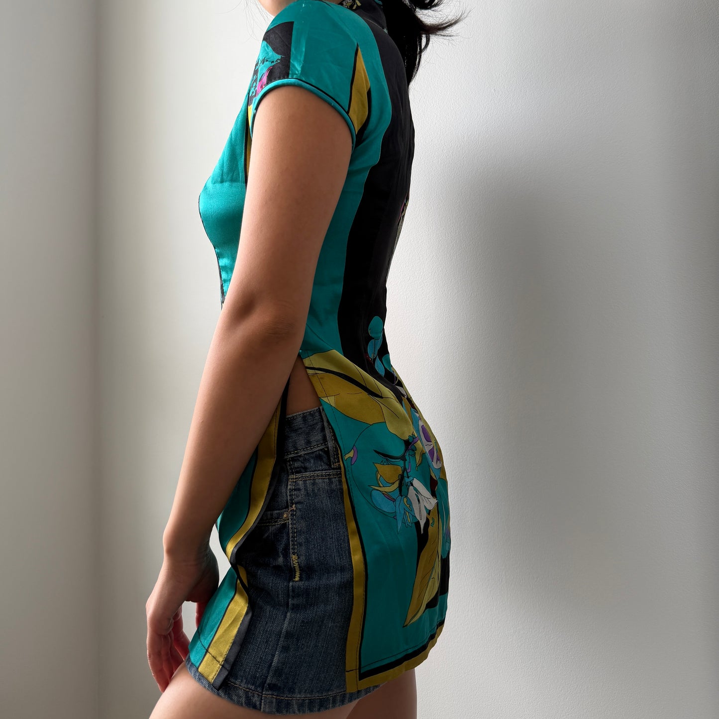 Silk Cheongsam-Style Short Sleeve Blouse - X-Small