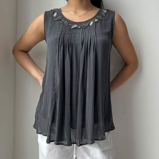 Max Mara Studio Embellished Pleated Sleeveless Top in Charcoal - Medium