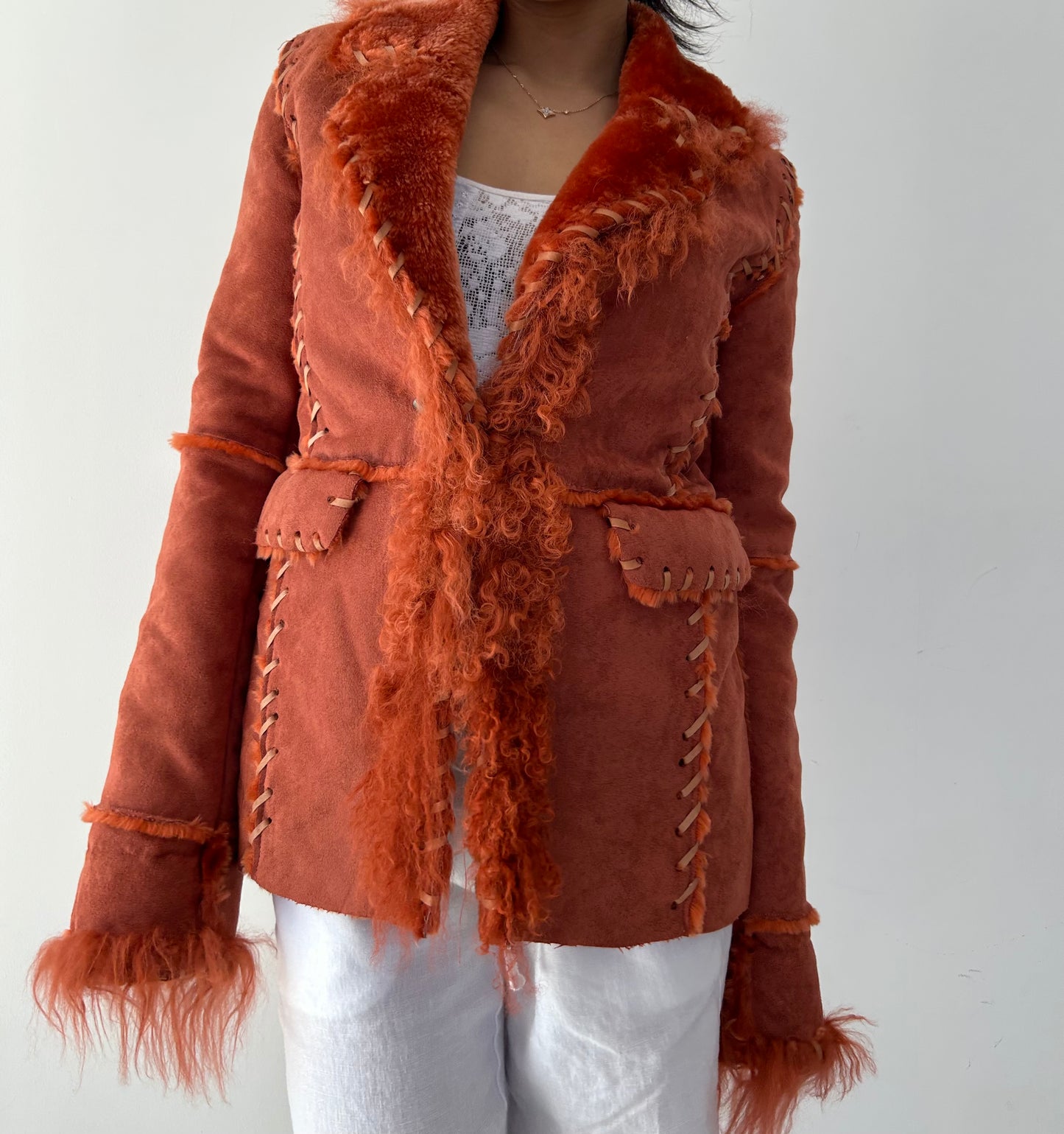 Rust Faux-Shearling Jacket with Mongolian Fur Trim - X-Small/Small