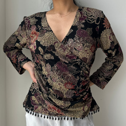 Made in USA Floral Metallic Brocade Wrap Top - Medium
