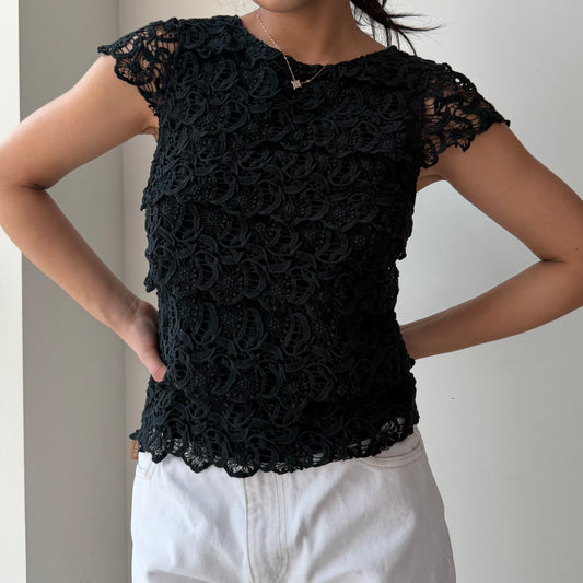 See by Chloé Black Guipure Lace Cap-Sleeve Top - X-Small