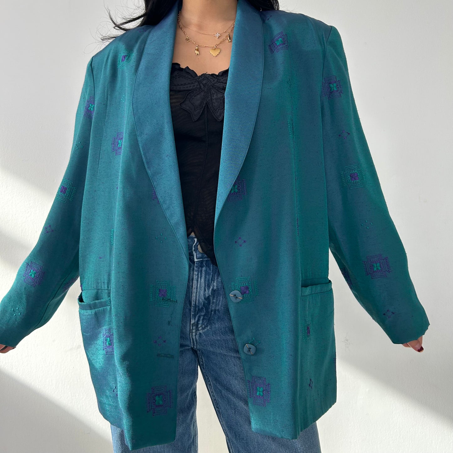 Vintage 1970s Made in Canada Teal Blazer with Shoulder Pads - X-Large