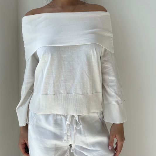 The Curated White Silk and Cashmere Blend Off Shoulder Top - Small