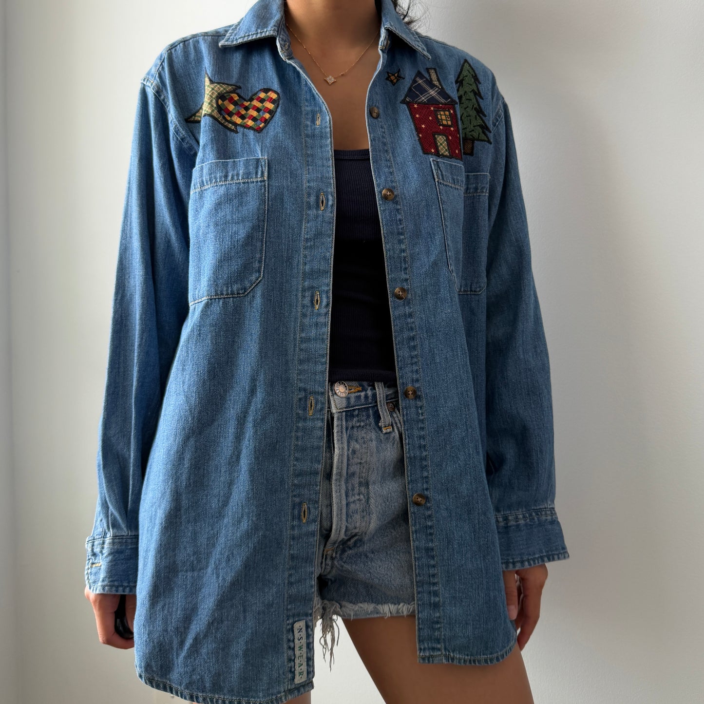 1990s Indigo Blues Embroidered Denim Shirt - Small