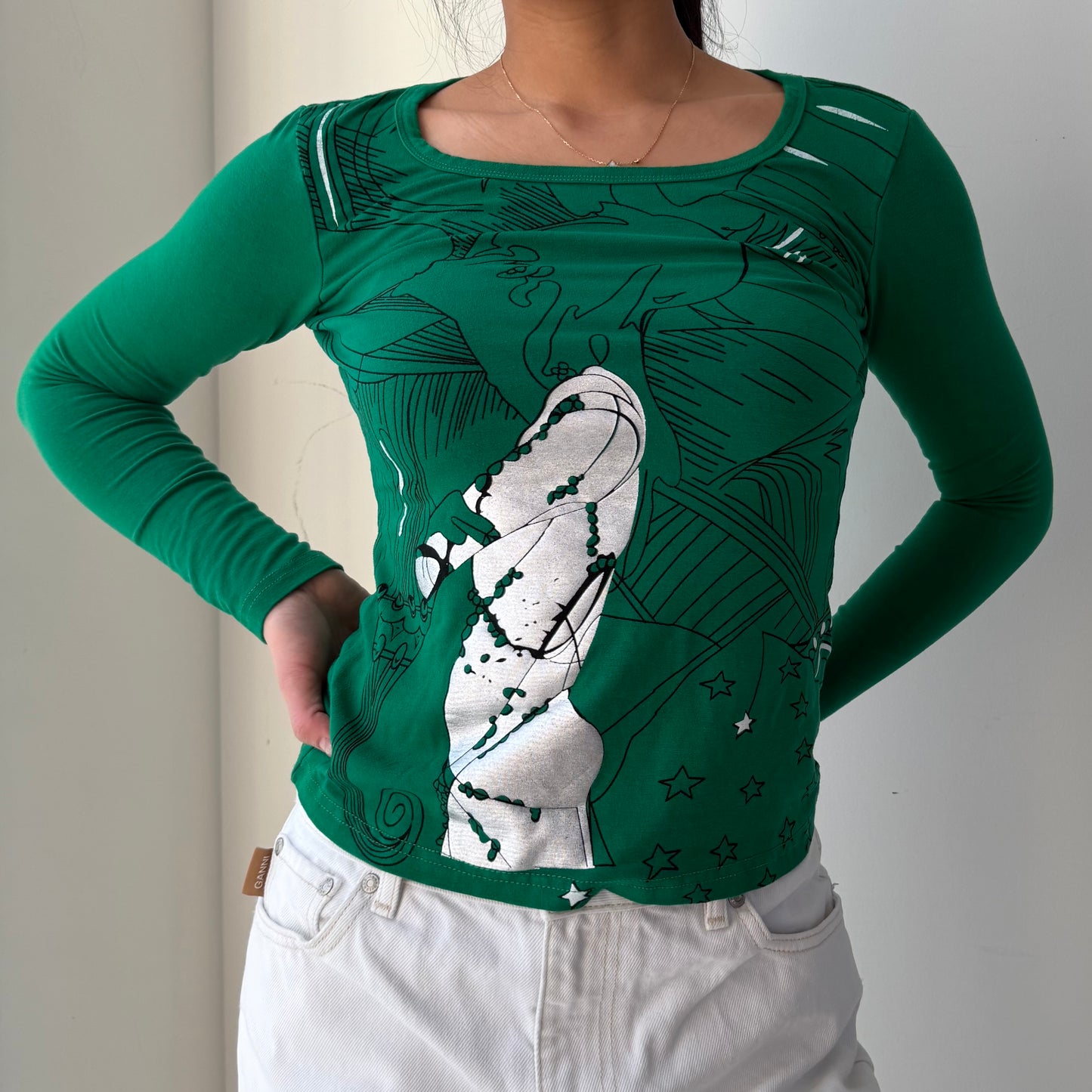 Early 2000s Dolce & Gabbana Green Long Sleeve Graphic Tee - X-Small