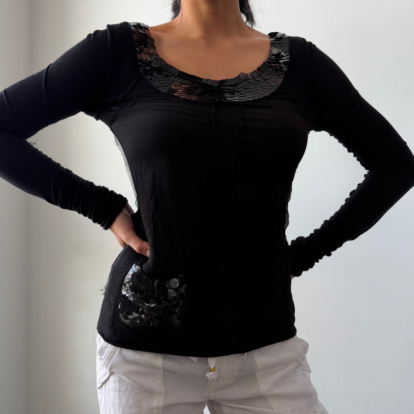 Vanessa Bruno Black Sequin Long Sleeve Top - X-Small