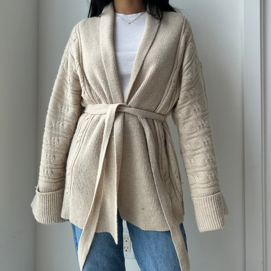 Costa Blanca Cableknit Belted Wool Blend Wrap Cardigan - Medium/Large