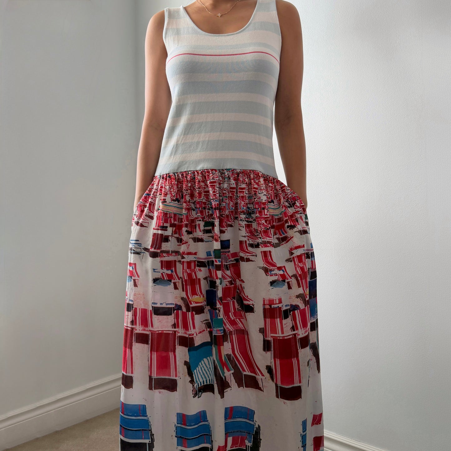 Nine West Striped Sleeveless Maxi Drop-Waist Dress - Medium