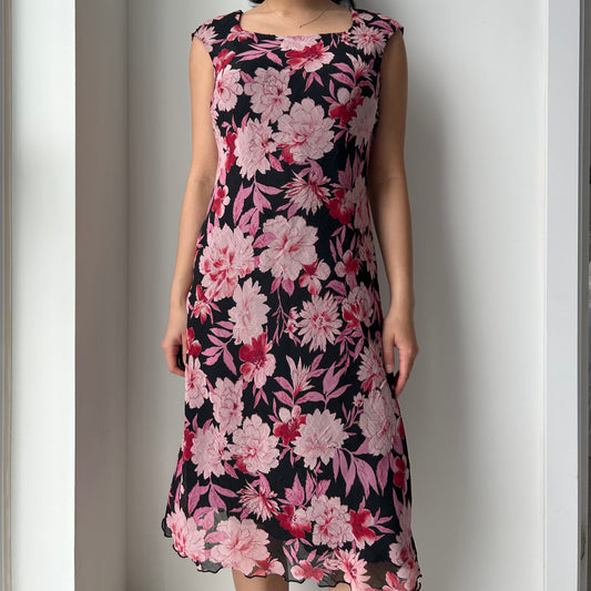 Vintage 90s Made in Canada Pink Floral Midi Dress - Small
