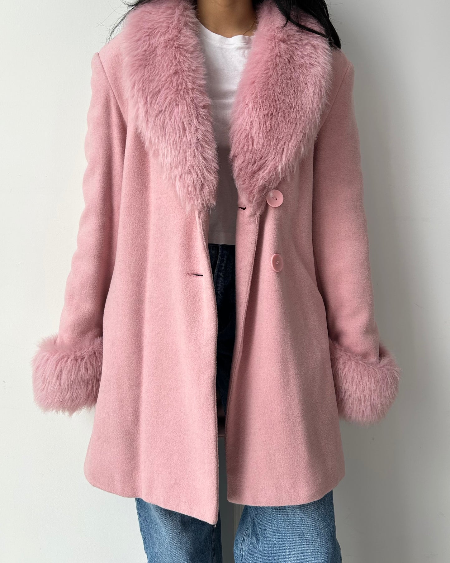 Fairweather Pink Faux Fur Trim Wool and Cashmere Coat - Large