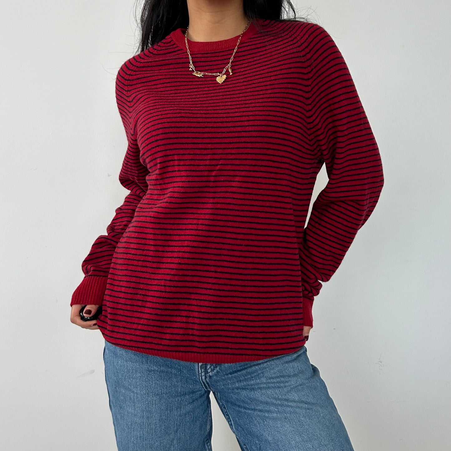 J. Crew Red Striped Lambswool Crewneck Knit Jumper - Medium