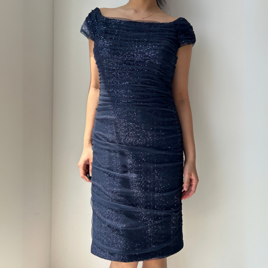 Lauren Ralph Lauren Evening Navy Ruched Sequin Mini Dress - Medium