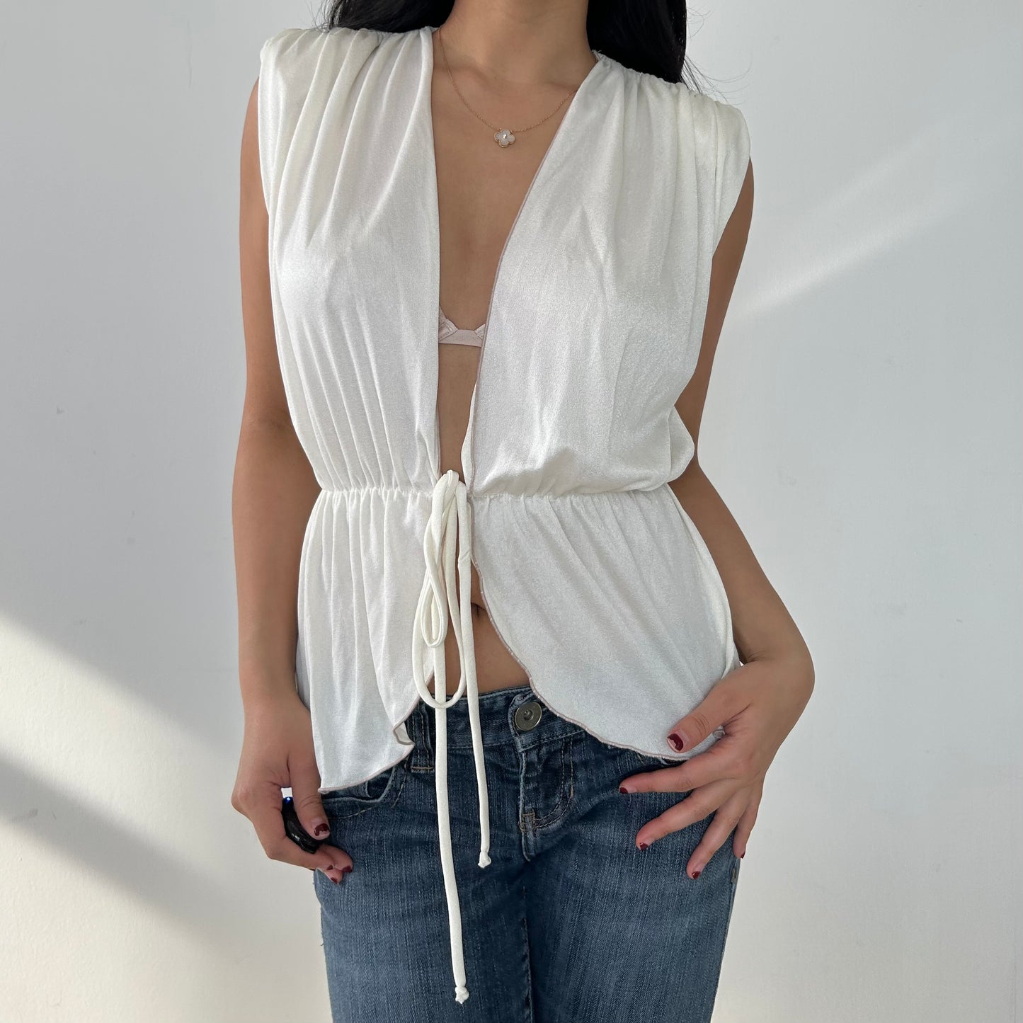 White Sleeveless Tie-Front Top - X-Small