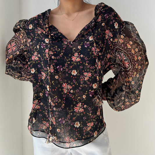 Misa Los Angeles Black Floral Long Sleeve Blouse - X-Large