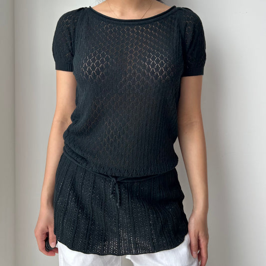 Black Pointelle Knit Tunic Top - Medium