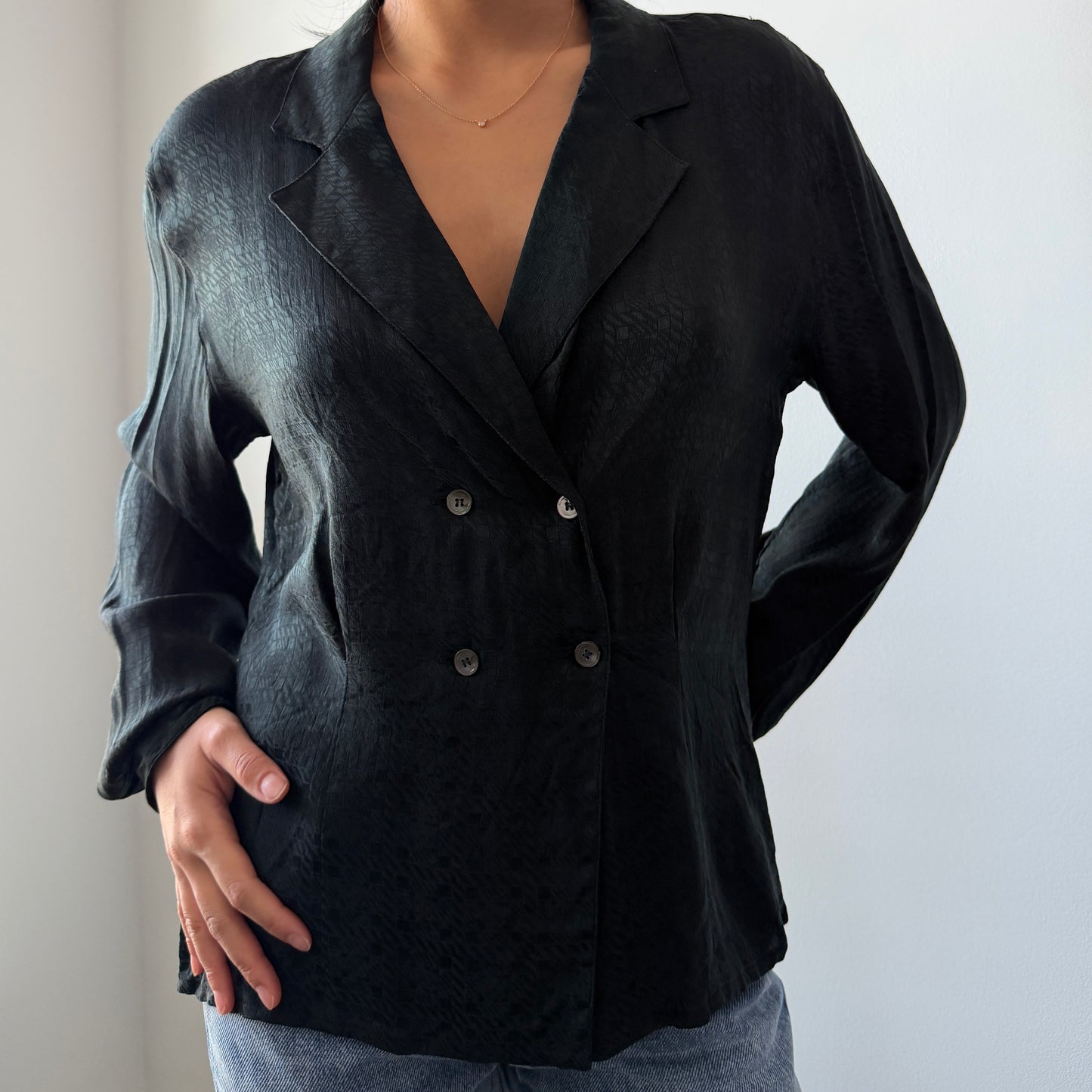 1980s Christian Dior Separates Black Double Breasted Silk Blouse - Large