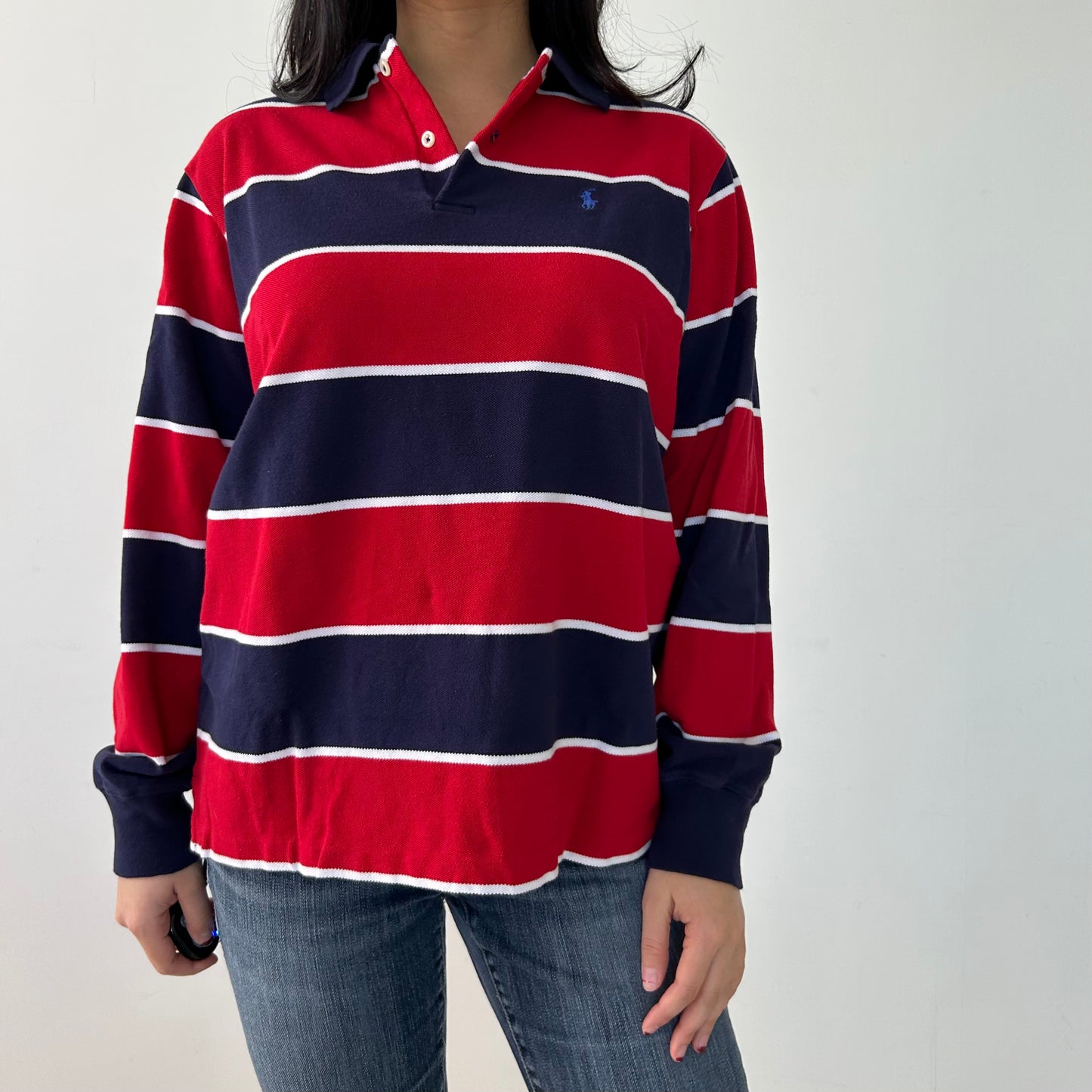 Polo Ralph Lauren Red and Navy Long Sleeve Striped Polo Shirt - Large